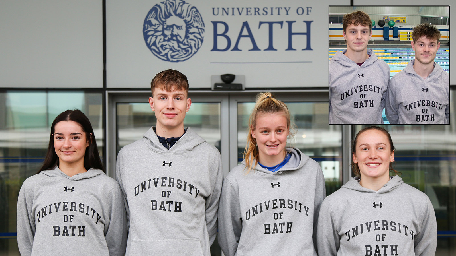 A picture of University of Bath Sporting Scholars Alanna Pullen, Luke Ball, Ella Fullman, Jenny Hesketh, Jack Skerry and Robbie Hemmings