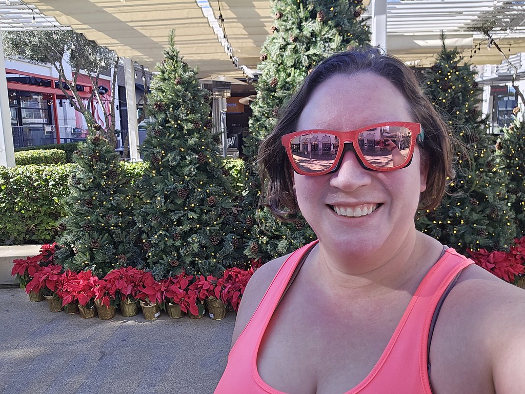 runner in front of christmas trees and poinsettias