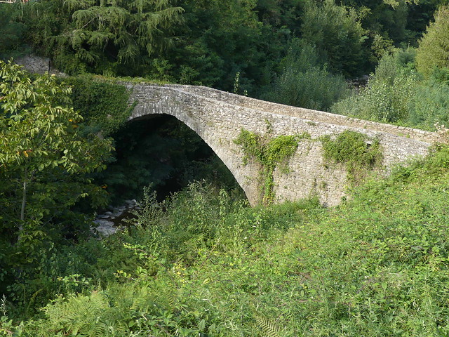 Antico ponte in pietra sul Torrente Mommio. Sentiero da Fivizzano alla Pieve di Santa Maria Assunta di Pognana (Fivizzano, MS). Lunigiana, Toscana, Italia