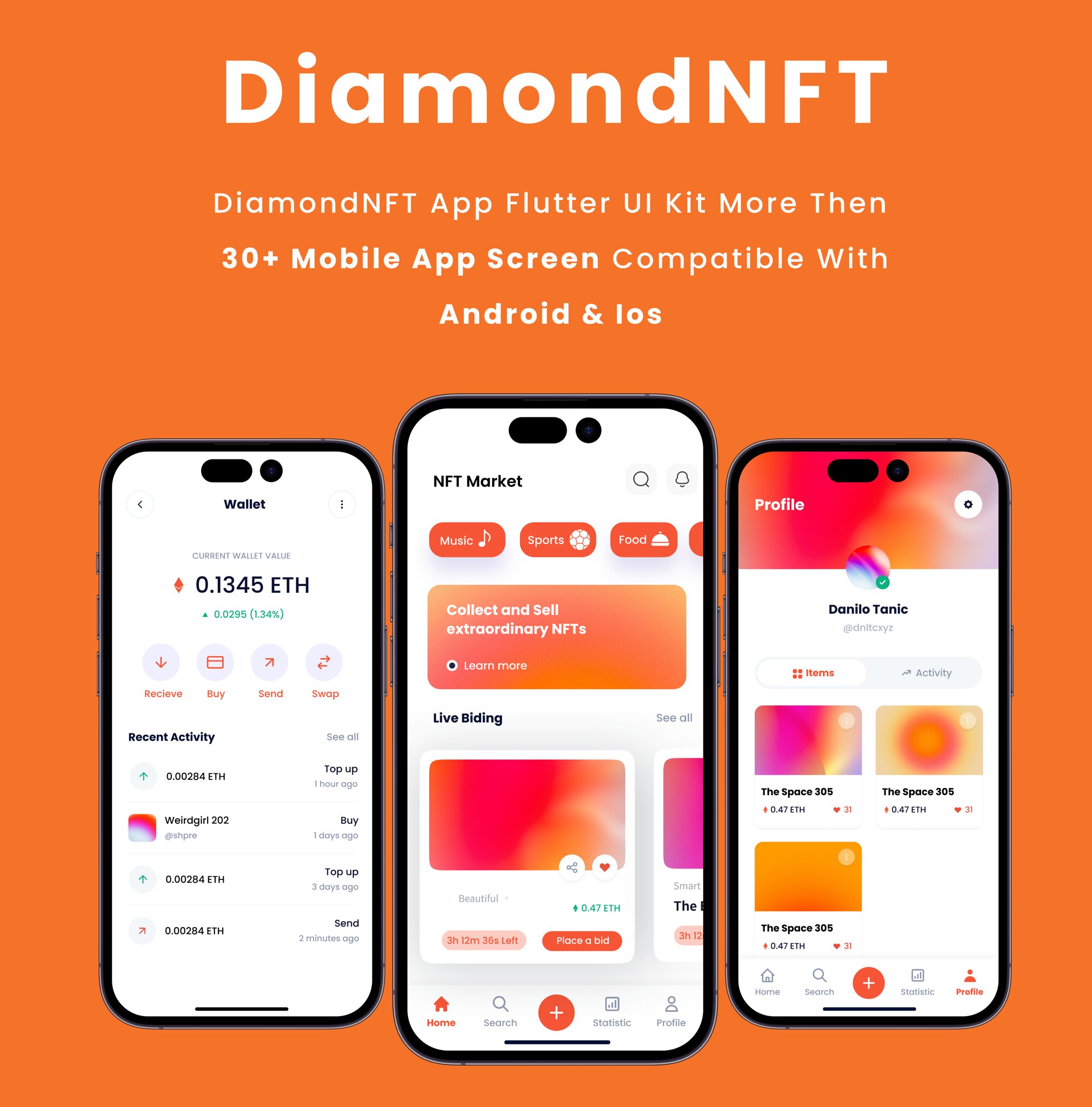 DiamondNFT App - NFT Marketplace Buying & Selling Flutter App | Android | iOS Mobile App Template