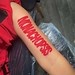 'Monachopsis' Bold Red Colored Script & Lettering Tattoo by Lyric TheArtist