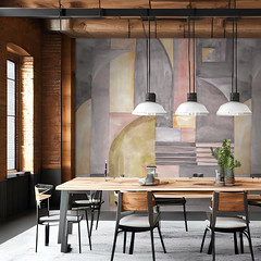 A rustic and industrial dining room with a reclaimed wood table and metal chairs1, Generative AI