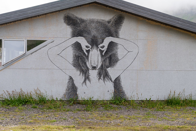 Seydisfjordur, Iceland - July 5, 2023: Woman bear mural painted on the side of a building. Anthropomorphism