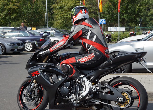German biker in Arlen Ness one piece leather suite on a Suzuki GSX-R.  (6)