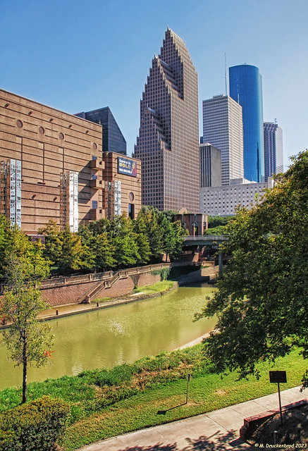 Walkways along the Buffalo Bayou with a view of Downtown Houston