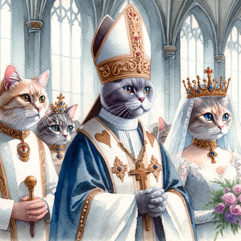 DALL·E 2023-12-01 20.22.09 - A watercolor painting inspired by the Princess Bride marriage ceremony scene, featuring cats as characters in a medieval church. The cats are depicted