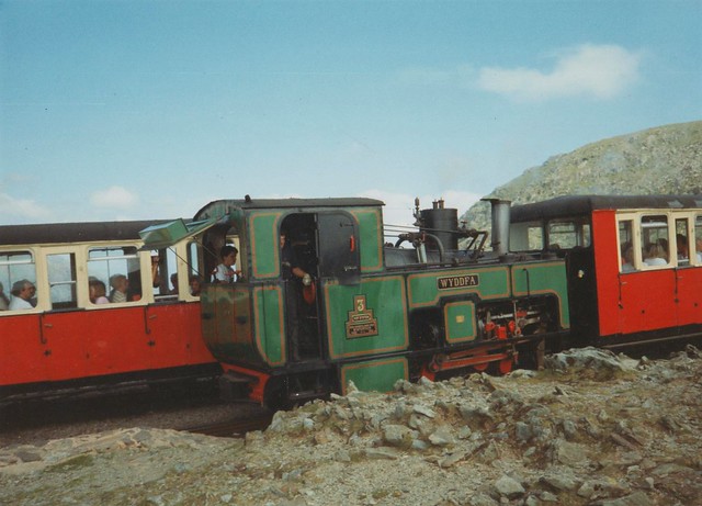 Ascending and descending trains pass on the Snowdon Mountain Railway