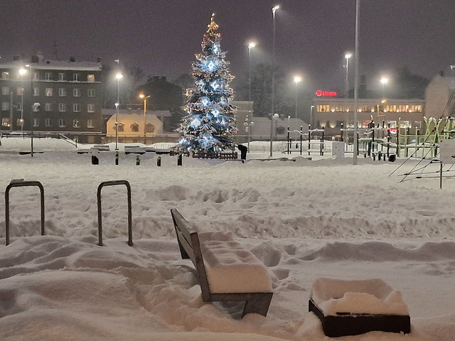 Children's sports ground in snow in Grīziņkalns area of Riga, Latvia. December 1, 2023