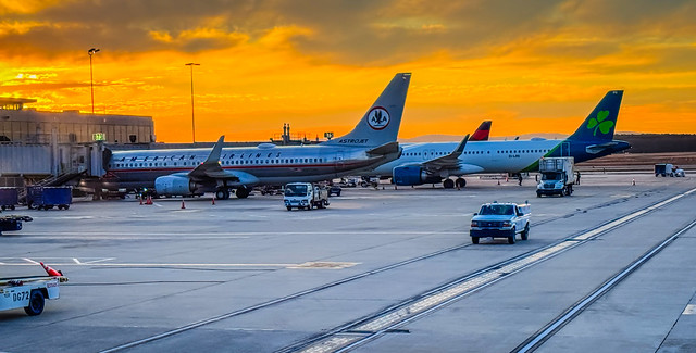 American Airlines Retro AstroJet and Air Lingus at sunset at Washington Dulles International Airport - Chantilly VA