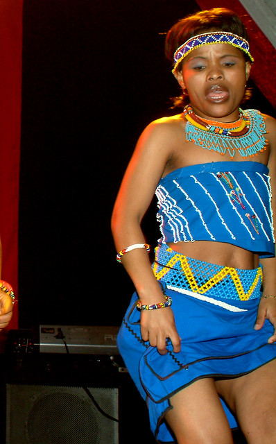 DSCF0368z Prudence Traditional Zulu Cultural Dancer in Blue Costume with Zulu Beads at The Republic of South Africa 8th Freedom Day Celebration April 2002 by the SAHC South African High Commission UK at Camden Town Hall Kings Cross London