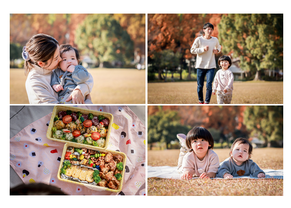 秋の公園でピクニック　ママの手作りのお弁当を食べる家族