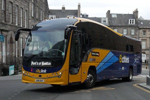 Parks of Hamilton Volvo B8R Plaxton Elite HSK647, new in October 2021, in Citylink 6 Cities livery, out of service, entering Edinburgh Bus Station on 13 October 2023.