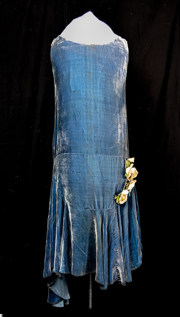 Blue velvet evening gown w/ flowers - front