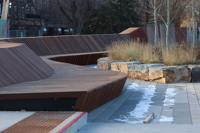 A photo of the new benches down town Calgary part of the Eauclaire market redevelopment.