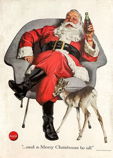 Santa & Friend by Haddon Sundblom in a 1956 Magazine ad for Coca-Cola