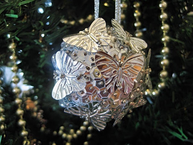 A Hand Beaded Silver Butterfly Christmas Bauble