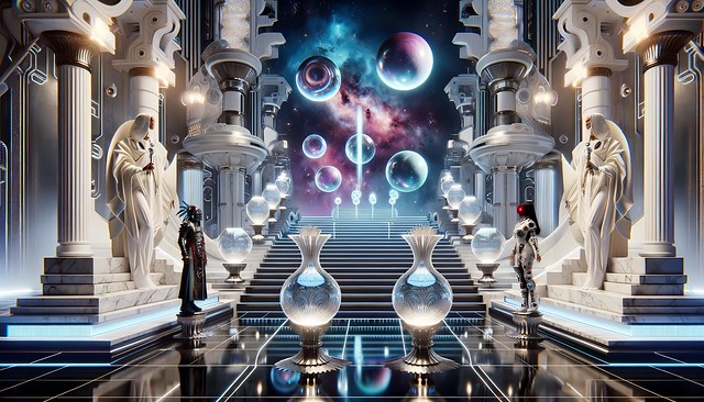 Brecht Corbeel Dall-E 3 [ Omniscium Celestial Aesthetology Omnithereal Psychedelium DAL 13 23.54.04 - Panoramic widescreen image of a quantum space, subtly integrating cyberpunk]