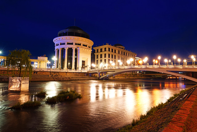 Skopje by night. Vardar River