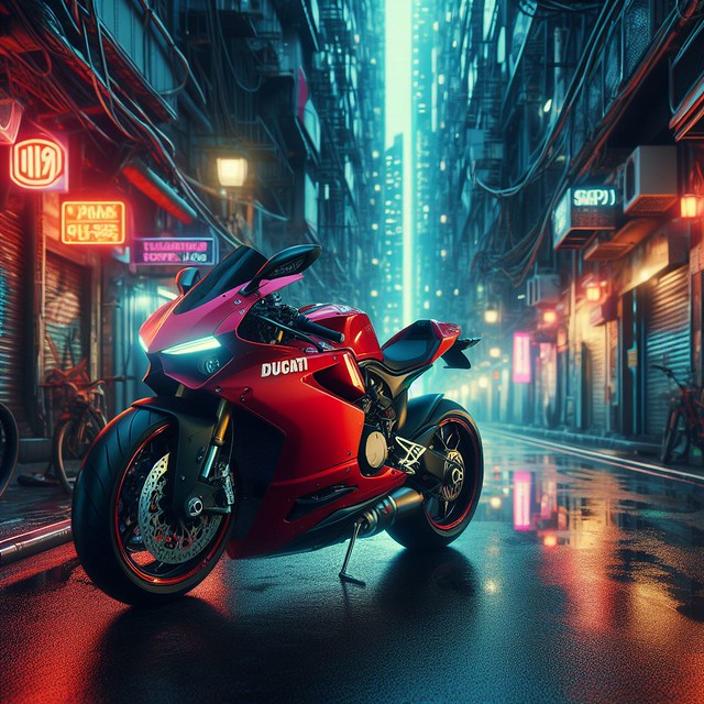 Ducati motorcycle in a narrow cyberpunk street, night scene, photography 2