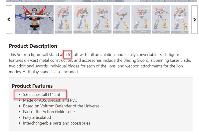 BBTS Action Toys Voltron incorrect height listing