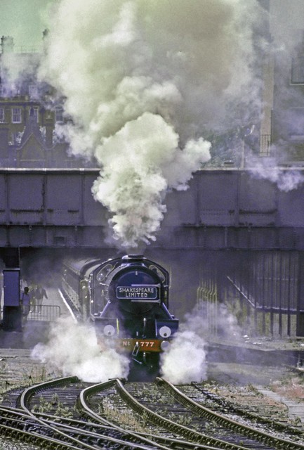 With its cylinder drain cocks open, Southern Railway Maunsell N15 4-6-0 no. 777 