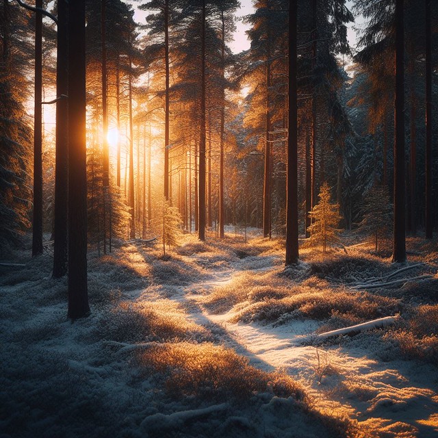 Swedish forest - snow covered ground - soft sunset