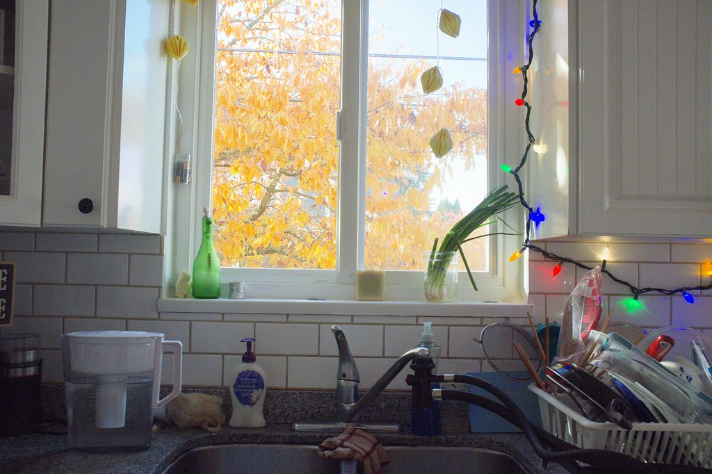 An image of a kitchen sink with a drying rack full of dishes next to it. A clear window is right above the sink, revealing an atumn tree full with golden yellow leaves. Various other kitchen amenities are placed around the sink