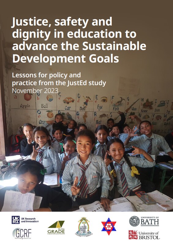 The front cover of the Justice, safety and dignity in education to advance the Sustainable Development Goals report document from JustEd.