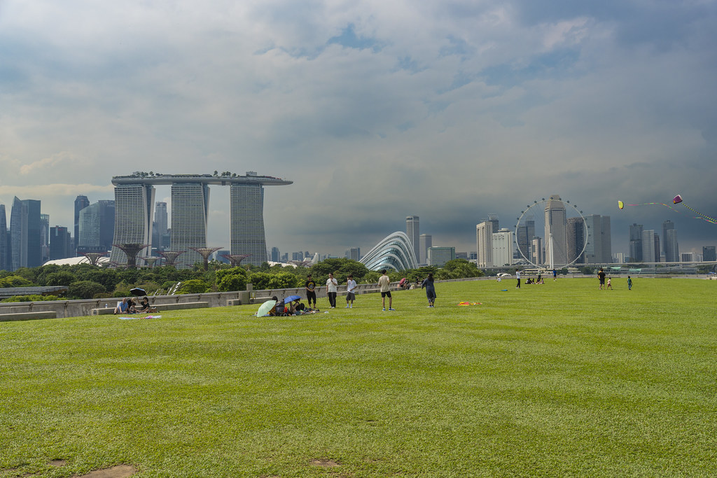Singapore's skyline seen from the Marina Barrage Green Roof