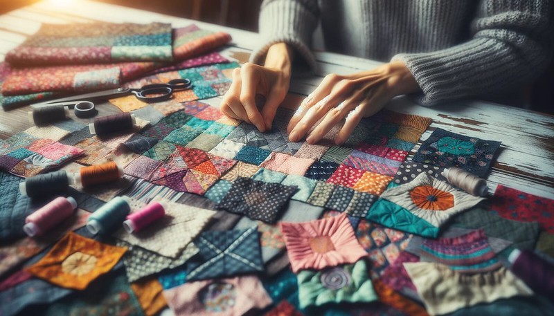 Uma cena artística horizontal mostrando uma pessoa trabalhando habilmente em patchwork