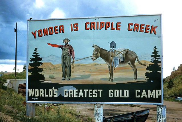 Cripple Creek road sign.  Circa 1954