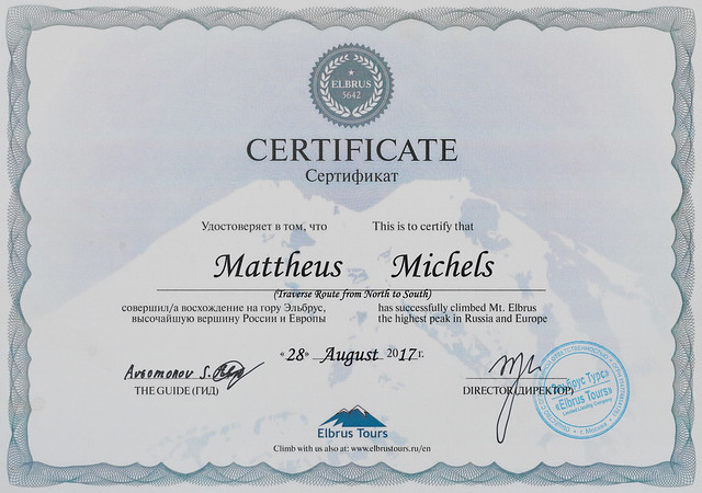 Summit and north-south traverse certificate for Mount Elbrus (5642m), Europe's highest summit