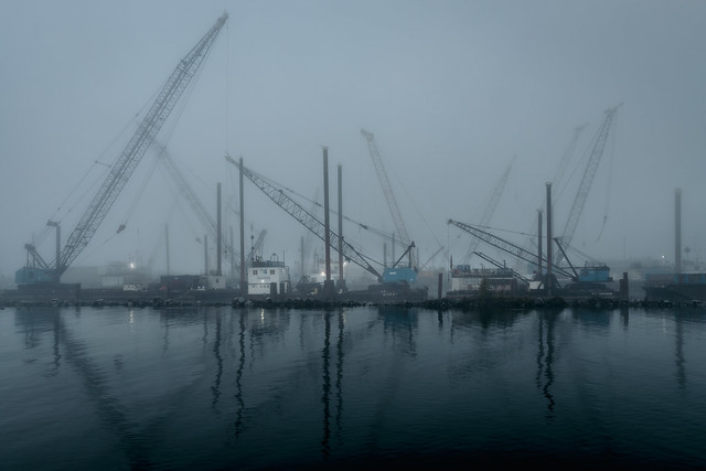 Vancouver Pile Driving and cranes on a foggy morning