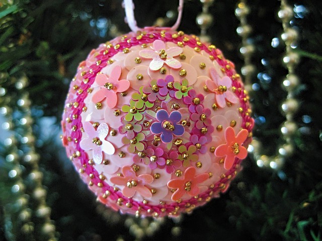 Hand Beaded Pale Pink and Magenta Floral Christmas Bauble