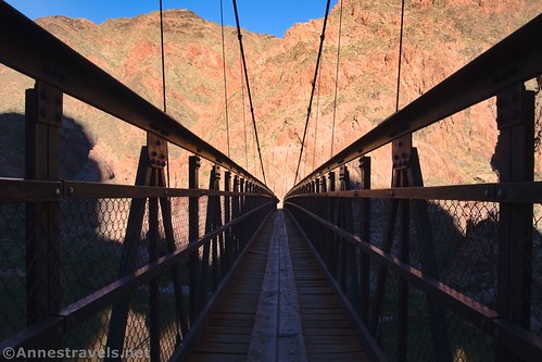 Walking across Black Bridge at the bottom of the Grand Canyon, Arizona