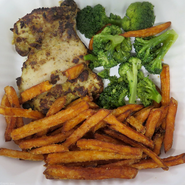 Lemon Pepper Chicken with Broccoli and Sweet Potato Fries