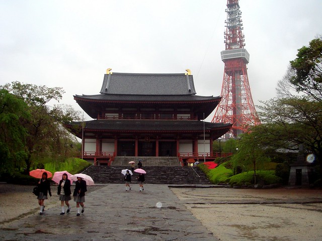 zojo-ji temple and tokyo tower on a rainy day in Tokyo, Japan 