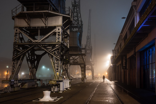 Misty night on Bristol Docks