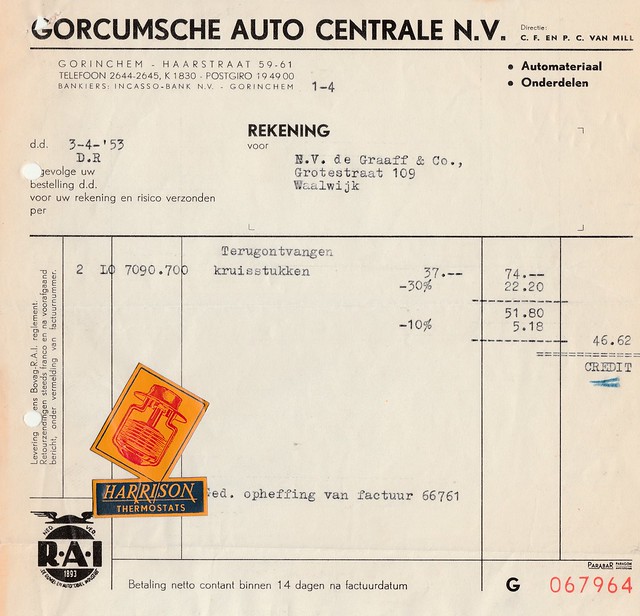 Nota - Gorcumsche Auto Centrale N.V. - Van Mill (datum 03-04-1953) met zegel Harrison Thermostats