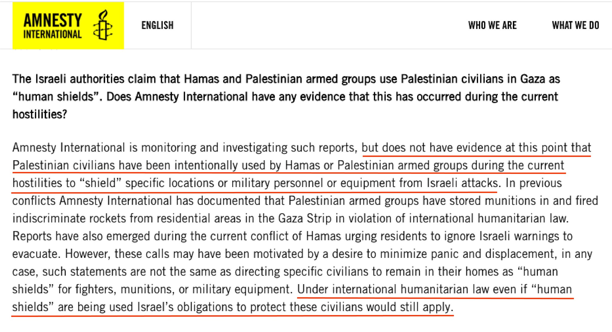 國際特赦組織：目前並未有證據顯示巴勒斯坦人民被哈瑪斯蓄意當成人肉盾牌，並強調以色列有根據國際主義人道法保護平民的責任。（圖片來源：Amnesty International）