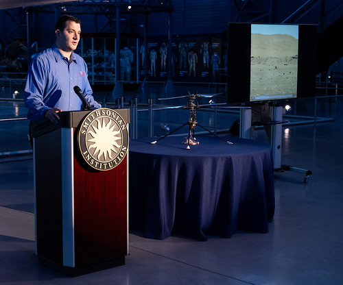Ingenuity Mars Helicopter Prototype Donation to NASM (NHQ202312150009) Teddy Tzanetos, Ingenuity project manager at NASA&#039;s Jet Propulsion Laboratory speaks at an event marking NASA’s donation of the aerial prototype of the Ingenuity Mars Helicopter, Friday, Dec. 15, 2023, at the Smithsonian National Air and Space Museum’s Steve F. Udvar-Hazy Center in Chantilly, Va. The aerial prototype of the Ingenuity Mars Helicopter, which was the first to demonstrate it was possible to fly in a simulated Mars environment at NASA’s Jet Propulsion Laboratory (JPL), was donated to the museum on Friday.  Photo Credit: (NASA/Joel Kowsky)