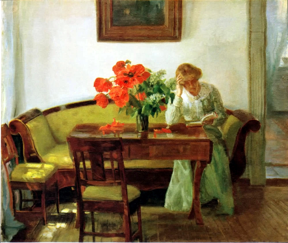 Interior with poppies and a woman reading by Anna Ancher, 1905