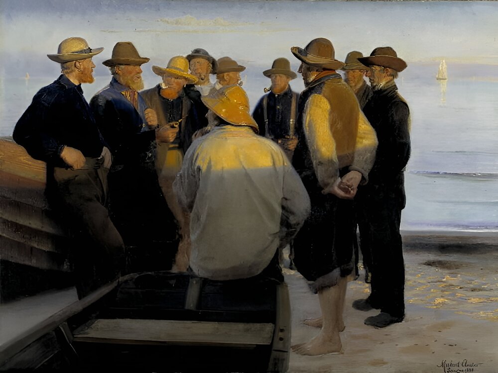 Fishermen on the Beach on a Quiet Summer Evening by Michael Ancher, 1888