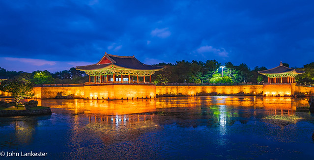 Looking across Wolji Pond at Donggung Palace during blue hour, Gyeongju, South Korea