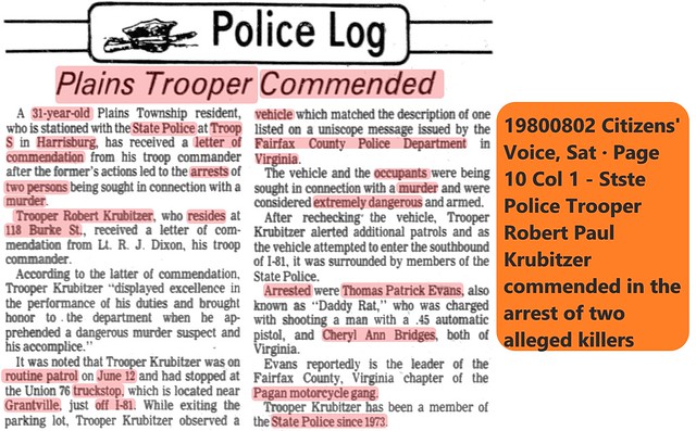 19800802 Citizens' Voice, Sat · Page 10 Col 1 - State Police Trooper Robert Paul Krubitzer commended in arrest of two alleged killers
