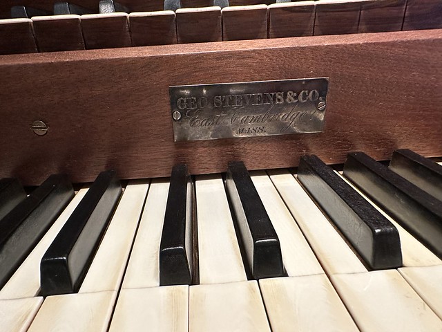 Manufacturer’s Nameplate of organ in Cumberland Congregational Church. Cumberland, Maine. Geo. Stevens & Co. It is a tracker organ and the music director played a short tune on it which sounded great.
