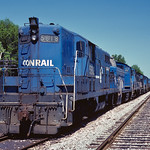 5/31/81, Conrail GP7 5818 Leading a long line of stored locos on the former Erie tracks at Hubbard, OH. The 5818 started life as C&amp;amp;O 5720. Several C&amp;amp;O units were purchased by NYC in 1/1956. It was built by GMDL Canada.
