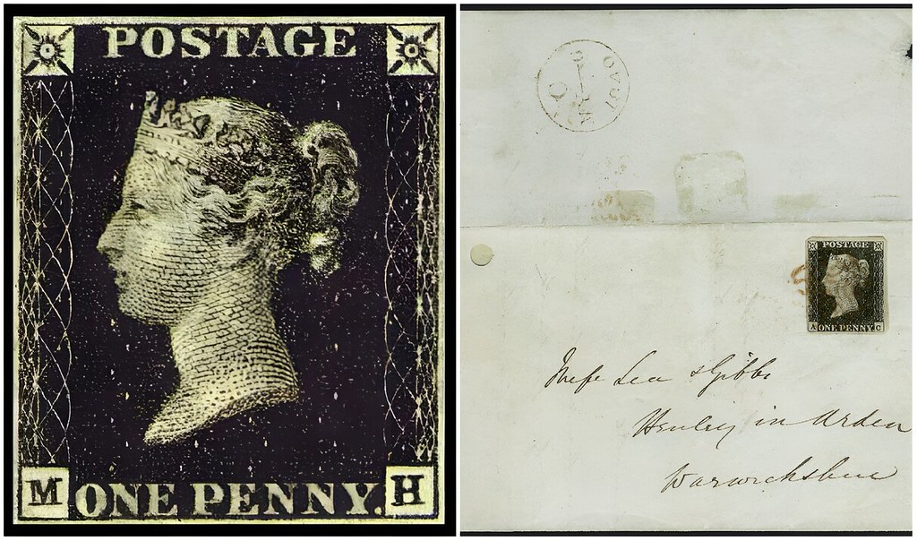 The world's first postage stamp, the "Penny Black" on the first day of valid use, May 6, 1840