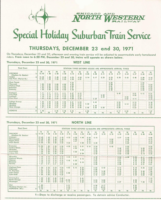 Chicago and North Western Railway Special Holiday Suburban Train Service timetables (West & North lines) - December 23 & 30, 1971