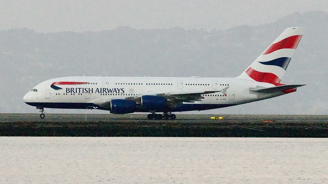 British Airways Airbus A380 -800 G-XLEA Departing SFO after sunset L1150521